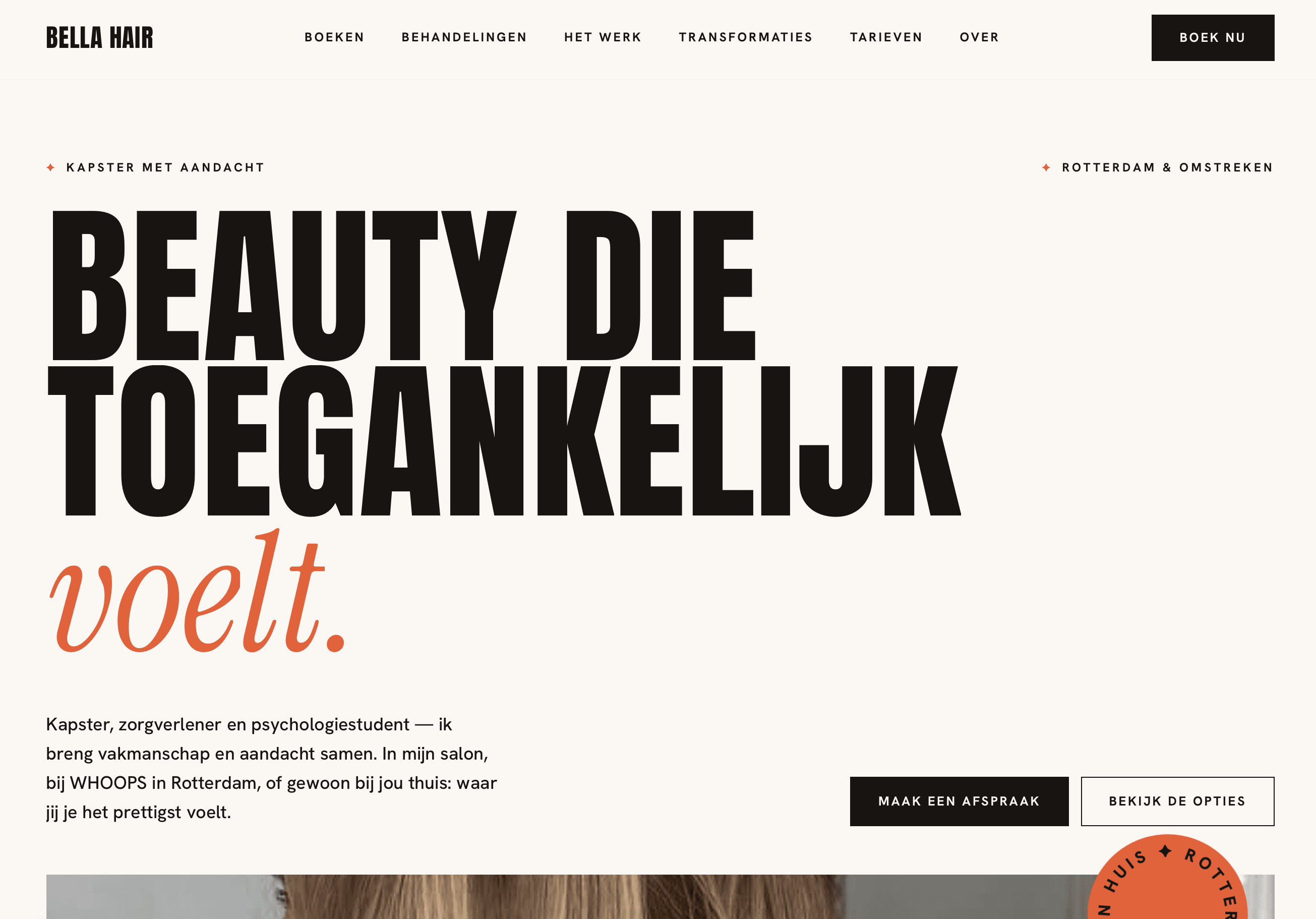 Homepage van Bella Hair met de kop 'Beauty die toegankelijk voelt'