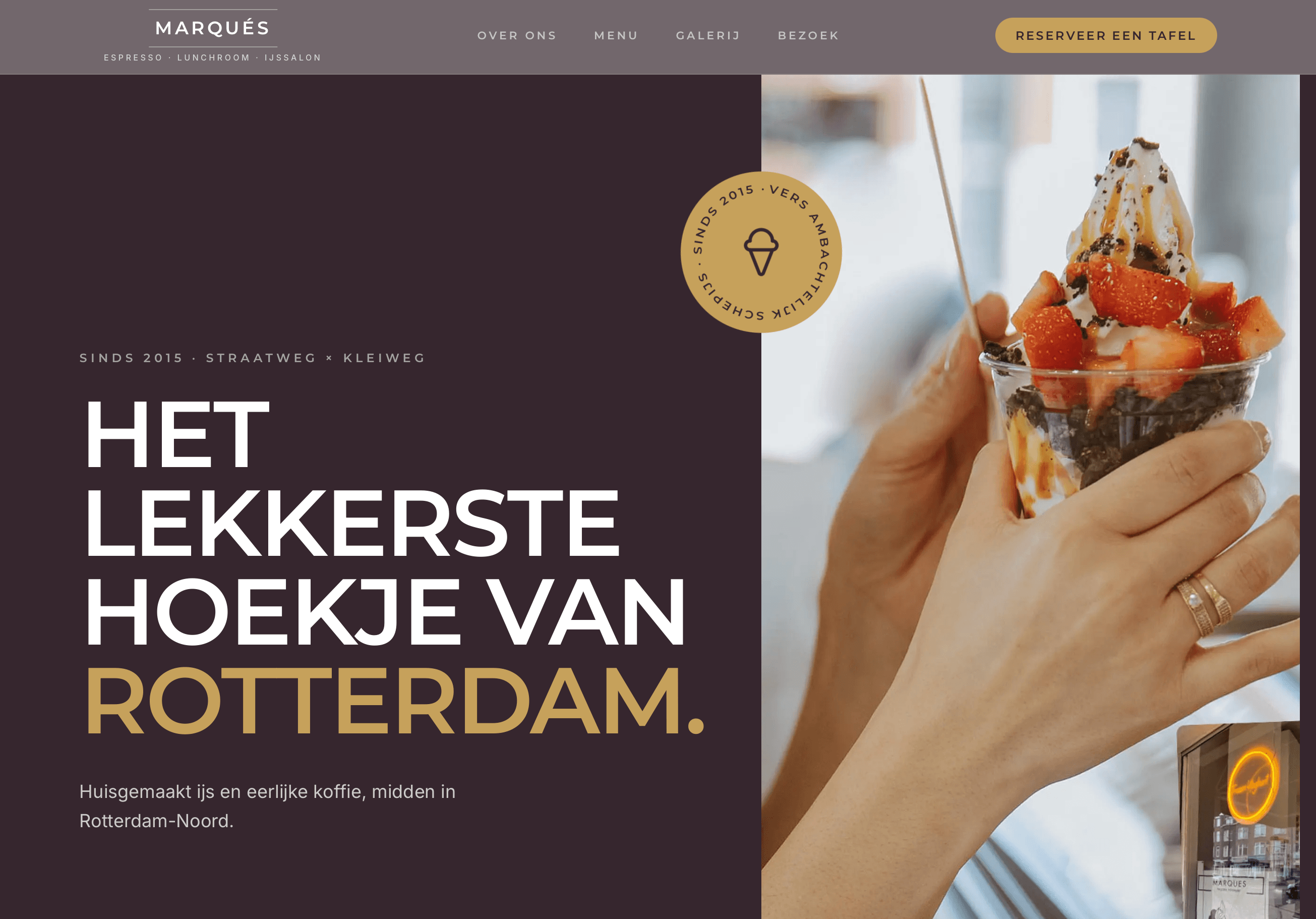 Homepage van Marqués met de kop 'Het lekkerste hoekje van Rotterdam'
