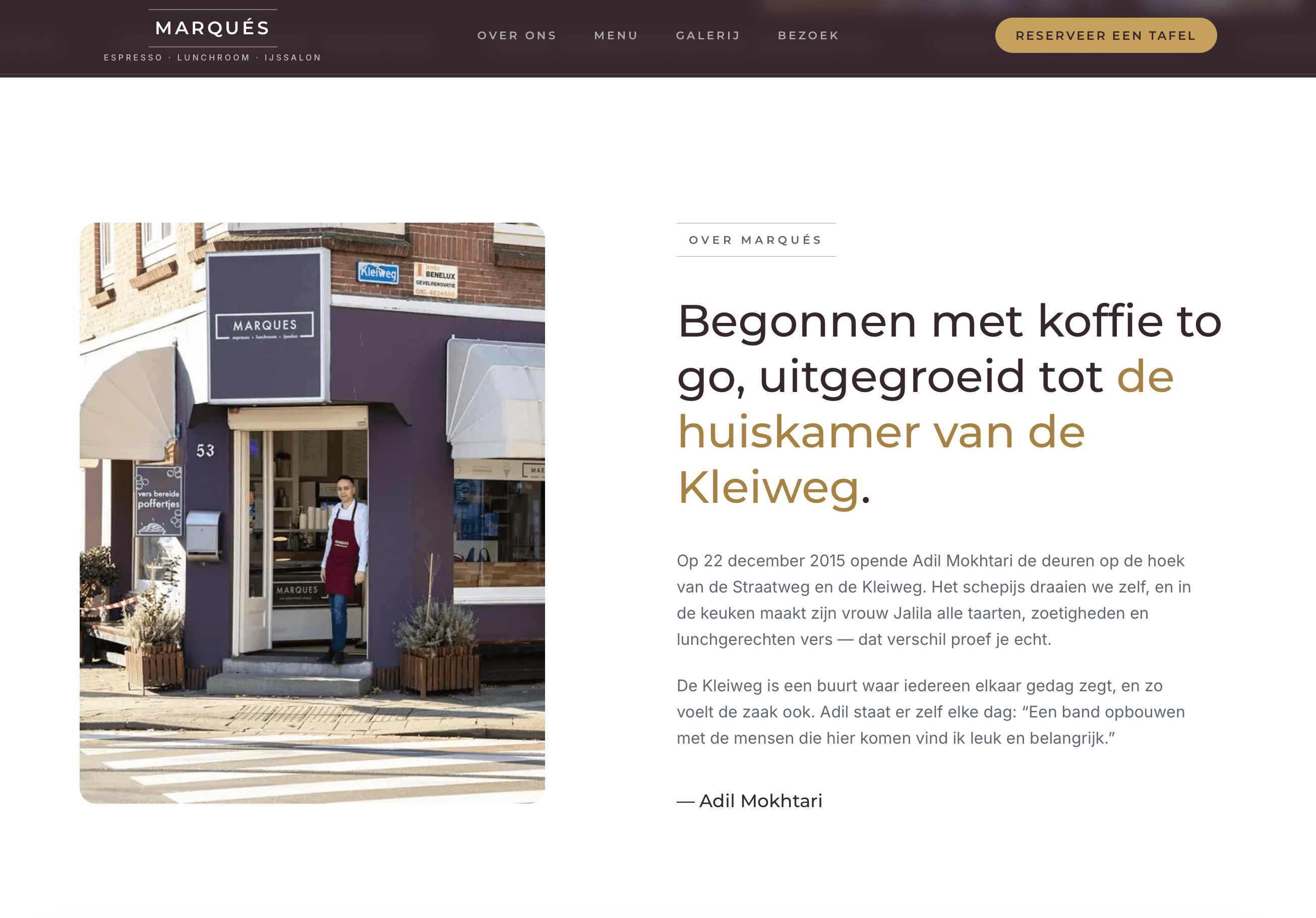 Menukaart-sectie van de concept-site