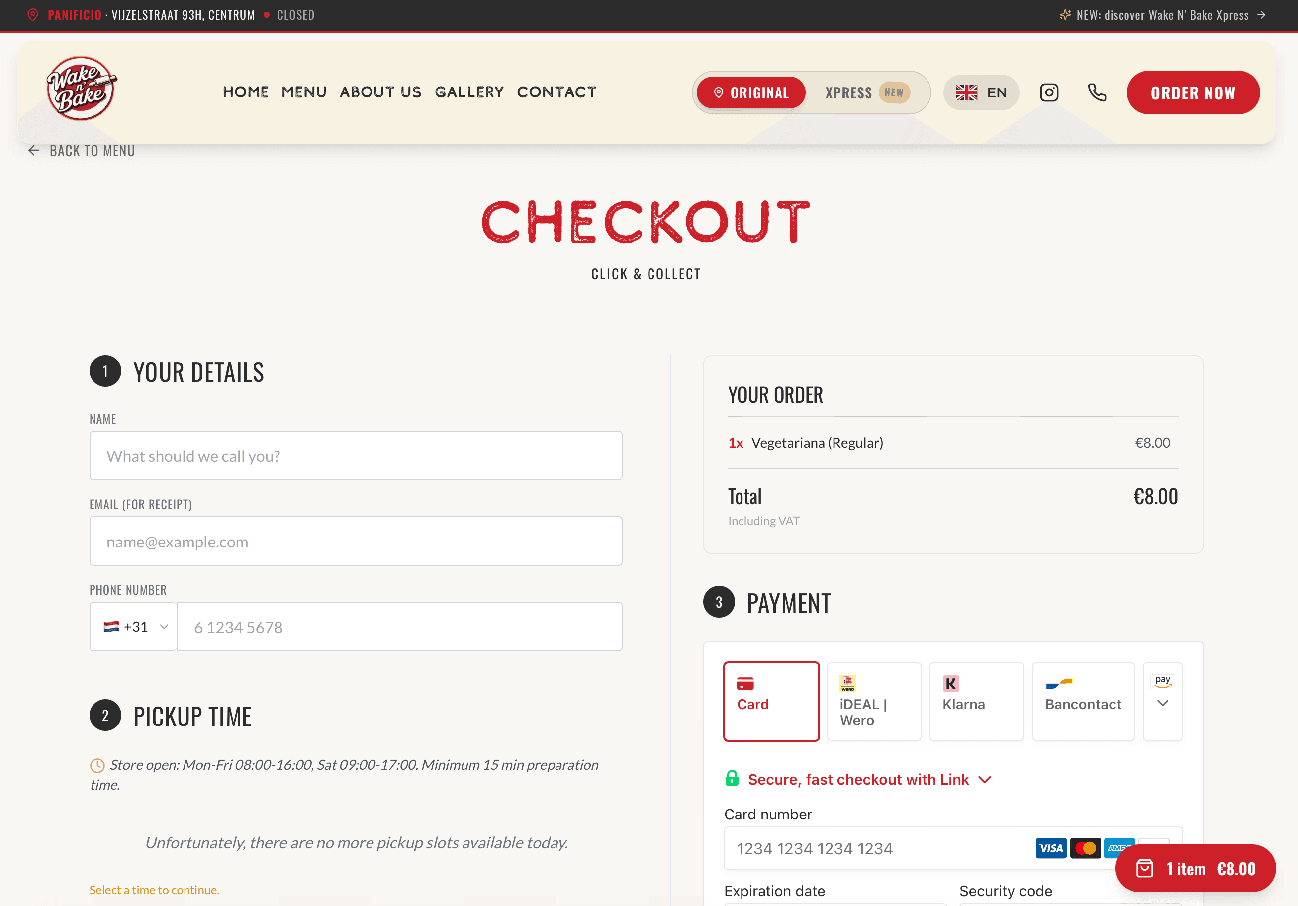 Checkout met tijdslot-selectie en betaalmethodes