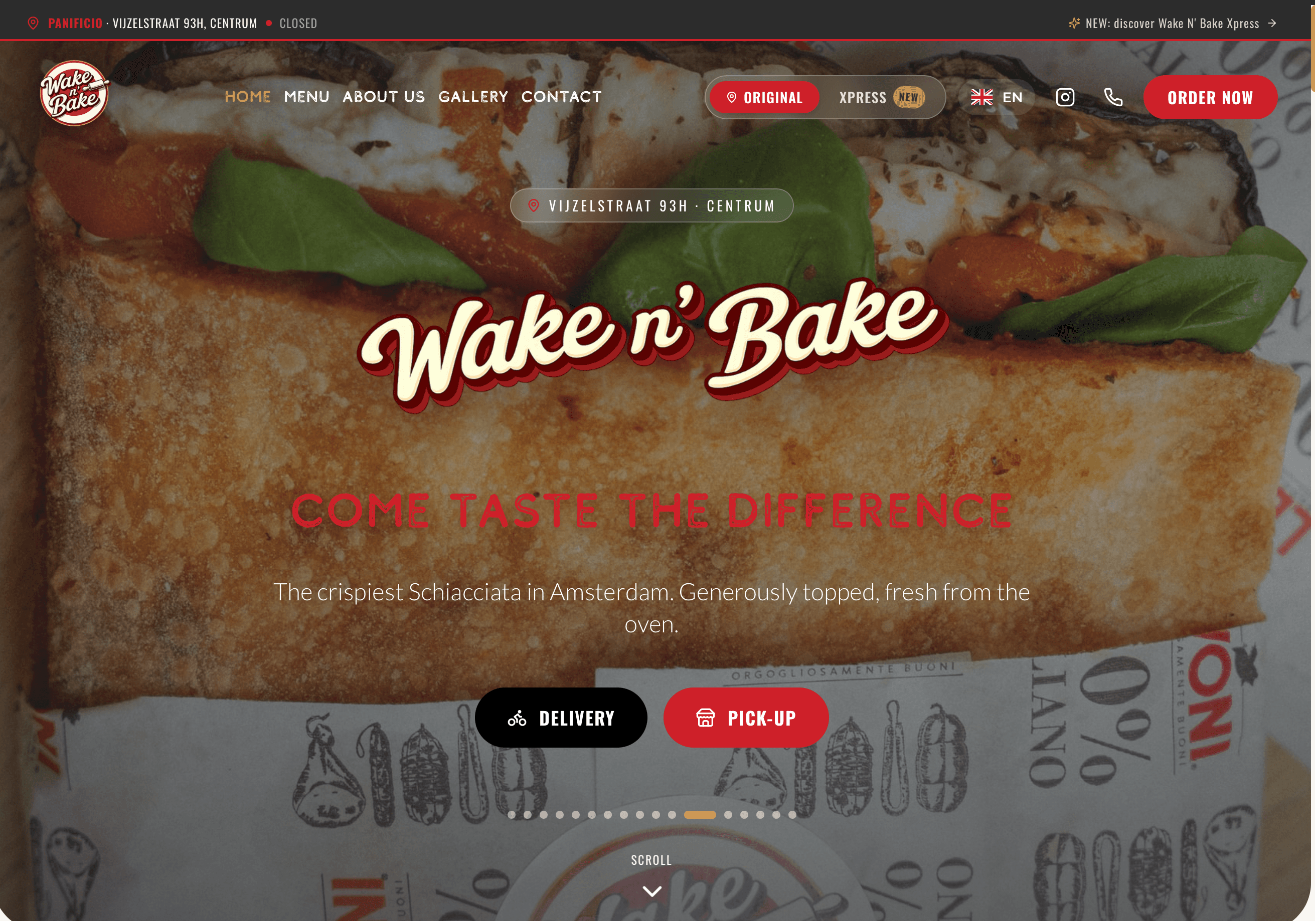 Homepage van Wake N' Bake met bestelknoppen voor bezorgen en afhalen